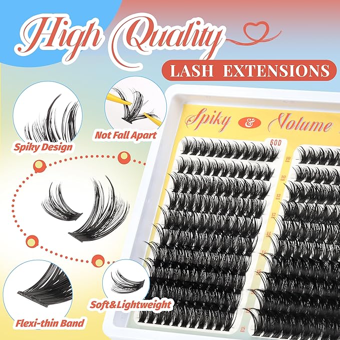 Fyonas Manga Lash Clusters 60D+80D+100D Spiky Thick Cluster Eyelash Extensions with Spikes 290Pcs D Curl Volume Fluffy Eyelash Clusters 10-18mm DIY Wispy Individual Lashes (Thorn Dense)