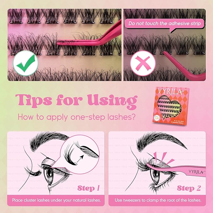 VYRILA Self Adhesive Lash Clusters Kit, D Curl Wispy Pre Glued Lash Extensions with Tweezers, Reusable 0.1mm Ultra Thin Band Natural Eyelashes, Easy Apply Eyelash Clusters for Beginners(PG-ZE05)