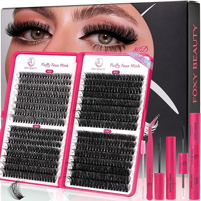 Fluffy Lash Clusters 640pcs Lashes Clusters Kit 11-18mm 40D 60D 80D 100D Eyelash Extension Kit D Curl Thick False Eyelashes with Bond Seal Remover