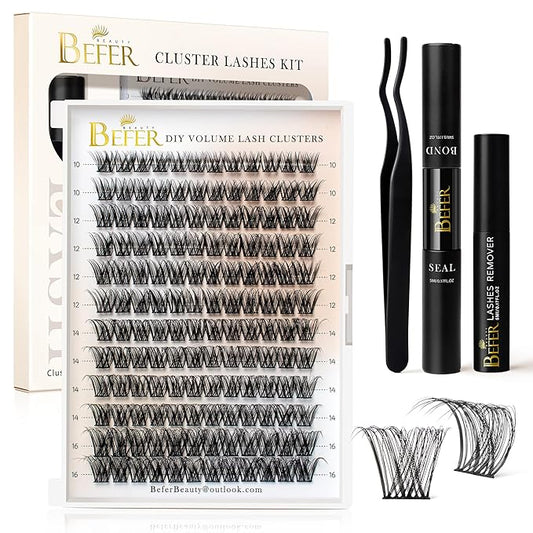 BEFER Lash Clusters Kit, 144 Pcs D Curl Eyelash Clusters Volume Individual Lashes Extensions Bond and Seal Gentle Remover 10-16MM Wispy Eyelash with Tweezers DIY At Home(Radiance, FD03 Kit)