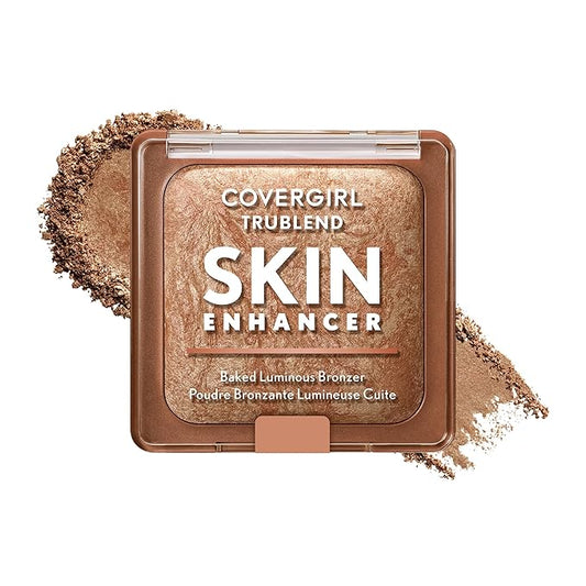 COVERGIRL TruBlend Skin Enhancer Baked Luminous Bronzer, with Hyaluronic Acid & White Rose Extract, Blends Seamlessly - 300 Honey Bun (Light Bronze with Champagne Swirls)