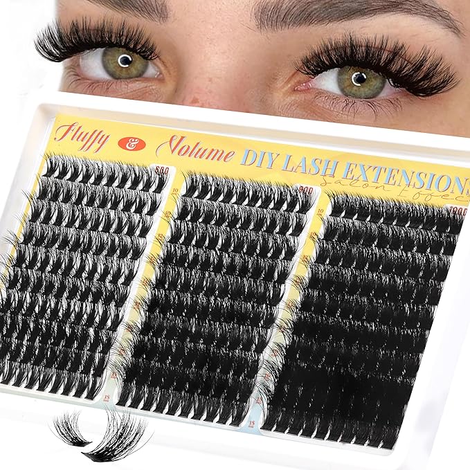 Fyonas Fluffy Lash Clusters 60D+80D+100D Volume Cluster Eyelash Extensions 300Pcs D Curl Thick Eyelash Clusters DIY Individual Lashes 10-18mm Wispy Cluster Eyelashes (Velvet Cloud)