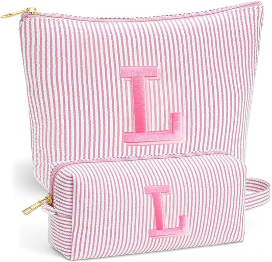 Travel Toiletry and Makeup Bag - Travel Essentials for Women, Light Pink Initial Makeup Bags for Hair Ties, Clips, Brushes, Sponges, Lipsticks, Blush, Eyelash Curler, Easy to Carry, Letter L