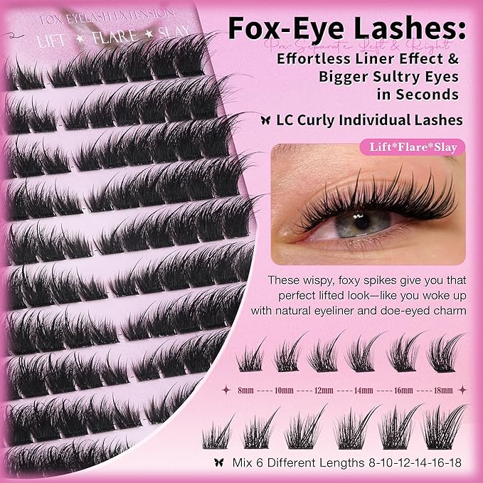 Wtvane Fox Eyelash Clusters Wispy Lash Clusters with Spikes Pre-mapped 8-18mm Cluster Eyelash Extensions LC-Curly Individual Lashes Faiy Lashes Cluster Cat Eye Lash Clusters DIY Lash Extension