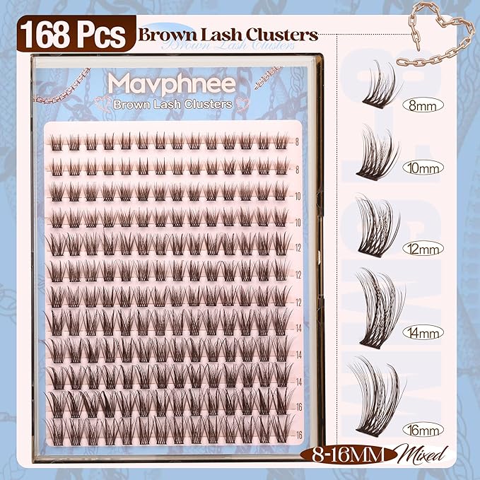 Brown Lash Clusters Natural Cluster Eyelash Extensions Wispy Individual Lashes Extensions Fluffy Eyelash Clusters DIY Cat Eye Doll Eye for Soft Girl Clean Girl Daily Wear (CC-Curly, 168Pcs, 8-16MM)