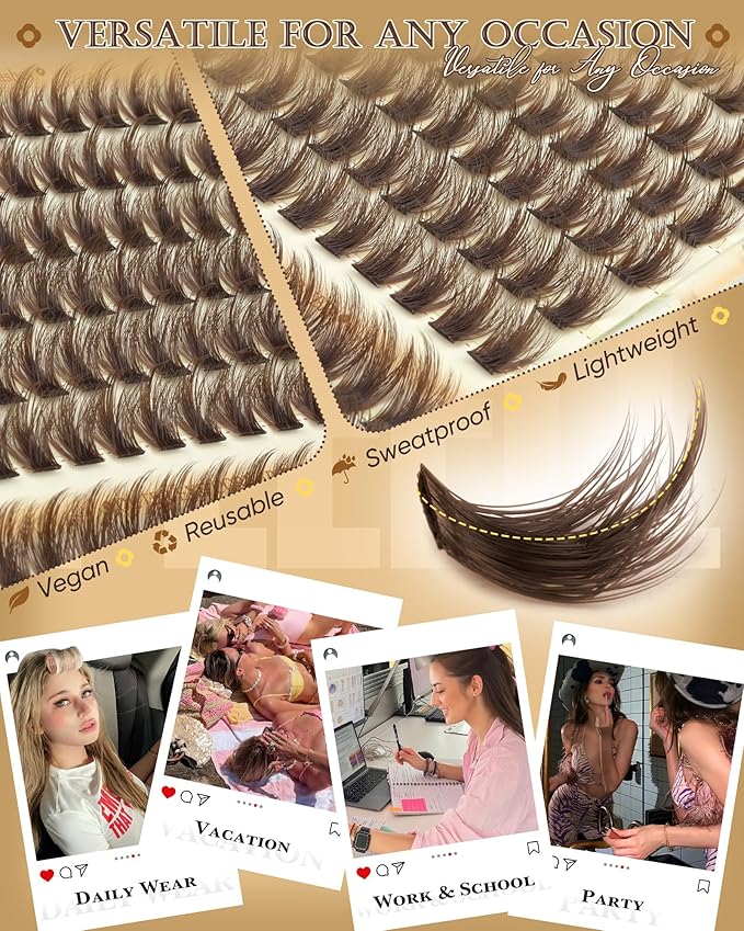 Pleell Brown Lash Clusters Fluff Manga Eyelash Clusters Natural Volume Cluster Eyelashes Extensions D-Curly 12-18MM Cluster Lashes Wispy False Lashes Clusters