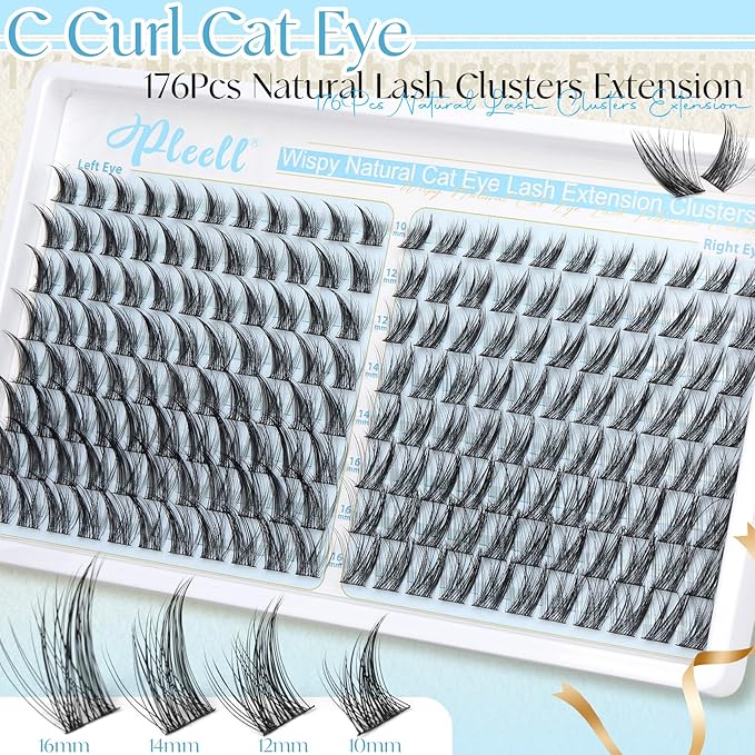 Wispy Lash Clusters Natural Eyelashes Cluster Eyelash Extensions Cat Eye176PCS Individual Lashes Clusters C Curve Eyelash Clusters 10-16MM DIY Lash Extension by Pleell