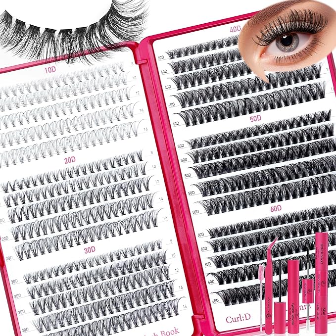 Lash Clusters 600 PCS Lashes Wispy Fluffy Lash Clusters kit 10D20D 30D40D50D60D D Curl Lash Extension 8-16MM Fasle Eyelashes with Lash Bond and Seal for Beginner at Home