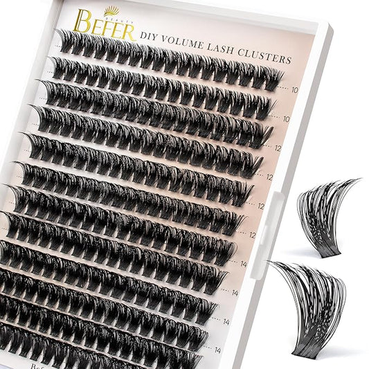 BEFER Lash Clusters, 216 Pcs D Curl Eyelash Clusters 3D Fluffy Volume Individual Lashes Extensions 10-16MM Cluster Eyelash Wispy Cluster Lashes DIY At Home(80P)