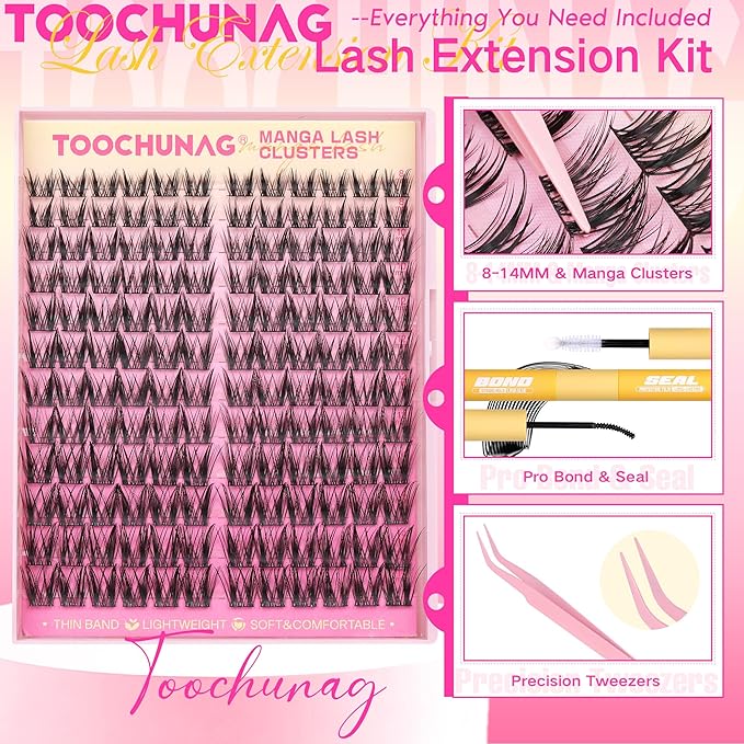 Wispy Lash Clusters Kit Spiky Manga Lashes Extension Kit 8-14mm Eyelash Clusters DIY Individual Lashes Clusters with Thin Band Cluster Eyelash Extensions Kit with Lash Glue&Tweezers by TOOCHUNAG
