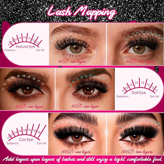 Fluffy Lash Clusters 640pcs Lashes Clusters Kit 11-18mm 40D 60D 80D 100D Eyelash Extension Kit D Curl Thick False Eyelashes with Bond Seal Remover