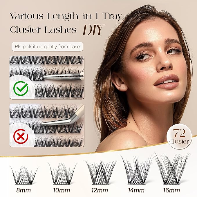 BEFER Lash Clusters, 72 Pcs D Curl Eyelash Super Fluffy Lightweight Individual Lashes 8-16MM Cluster Eyelash Extensions DIY At Home(Mermaid,FD34)
