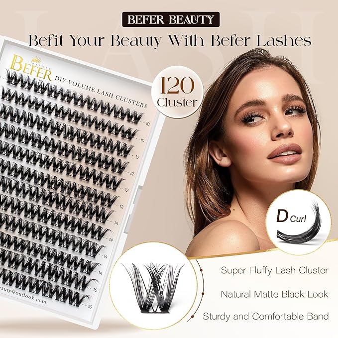 BEFER Lash Clusters, 120 Pcs D Curl Eyelash Clusters Volume Individual Lashes Extensions 10-16MM Wispy Eyelash with Tweezers DIY At Home(FD43,Seraphic)
