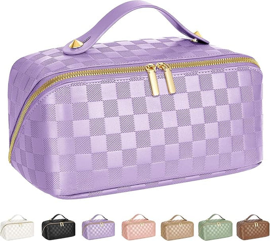 Large Capacity Travel Cosmetic Bag - Portable Makeup Bags for Women Waterproof PU Leather Checkered Makeup Organizer Bag with Dividers and Handle,Toiletry Bag for Cosmetics