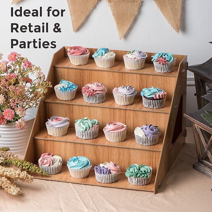 4-Tier Retail Wooden Display Riser - Farmers Market Craft Fair Display Rack - Candle Soap Display Stand for Craft Shows - Wood Countertop Pop Up Shop Display Rack for Tumblers Cupcakes Candy