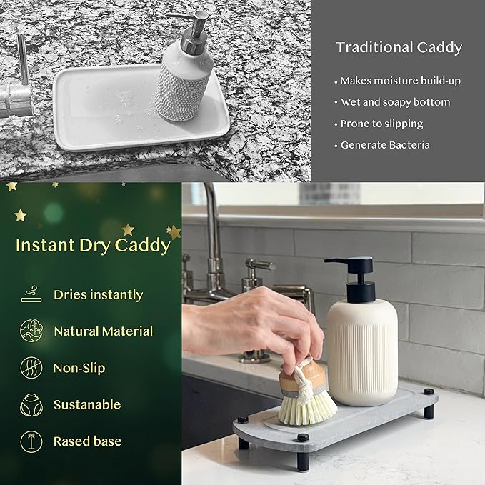 2PCS Water Absorbing Stone Soap Tray for Kitchen Bathroom Sink, Quick Dry Diatomaceous Earth Drying Rack and Shower Caddy, Soap Dispenser and Sponge Holder Organizer for Countertop