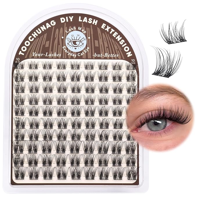 TOOCHUNAG Natural Lash Clusters Wispy Eyelash Clusters D Curly Volume Individual Lashes 10-16MM Cluster Eyelash Extensions DIY Lash Extension Thin Band Soft False Lashes Clusters