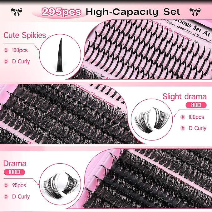 Goddvenus Lash Clusters Kit 13-21MM Lash Spikes Eyelash Clusters 80D 100D Thick Cluster Eyelash Extensions Kit Spiky DIY Lash Extensions Kit Individual Lashes Volume 295PCS