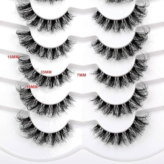 Pooplunch Fake Eyelashes Faux Mink Lashes Strips Cat Eye Wispy Volume Lashes D-Curly Clear-Band Natural 8D Extensions Wispies Short False Eyelash 7 Pairs Pack
