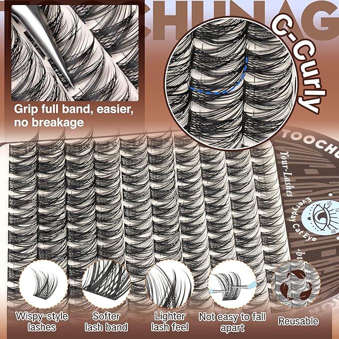 TOOCHUNAG Lash Clusters Natural Wispy Eyelash Clusters C Curly DIY Eyelashes Extensions 10-16MM Pestañas Postizas Naturales Thin Band Individual Cluster Lashes