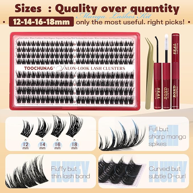 TOOCHUNAG Lash Clusters Kit 192pcs Anime Lashes Extension Kit Manga Cluster Eyelash Extensions 12-18mm D Volume Eyelash Clusters Fluffy Cluster Lashes Kit with Waterproof Bond and Seal and Tweezers