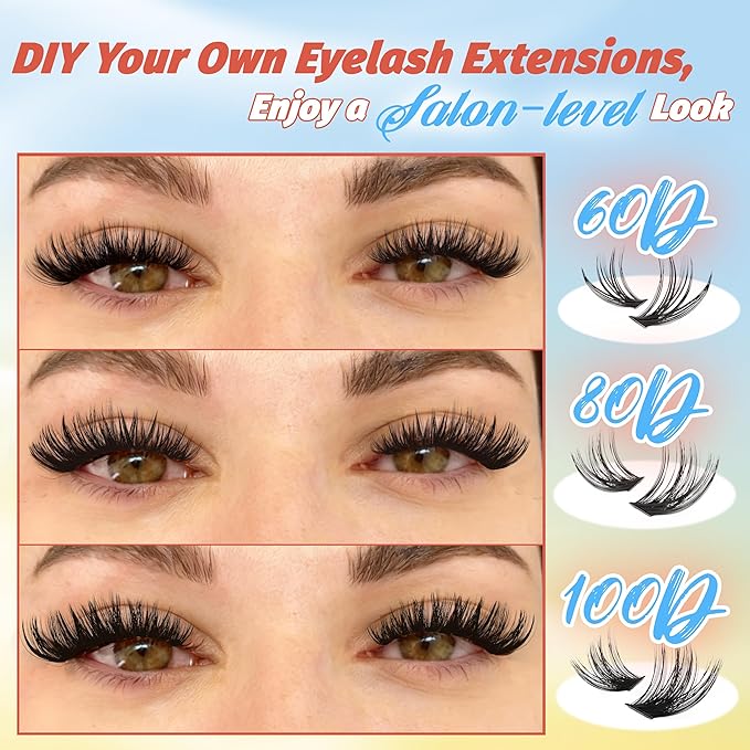 Fyonas Wispy Lash Clusters 60D+80D+100D Thick Cluster Eyelash Extensions 300Pcs D Curl Volume Eyelash Clusters DIY Individual Lashes 10-18mm Fluffy Cluster Eyelashes (Feather Weave)