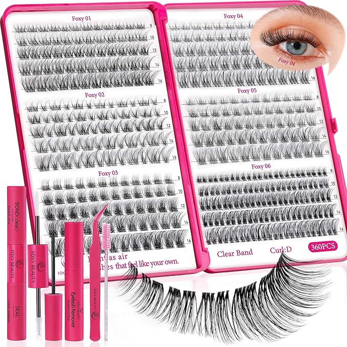 Nova Lash Clusters Kit 360 PCS Lash Clusters Natural Look Invisible Band Lashes Eyelash Clusters with Bond and Seal D Curl WideSpan Cluster Eyelash Extension Kit 8-16mm DIY at Home