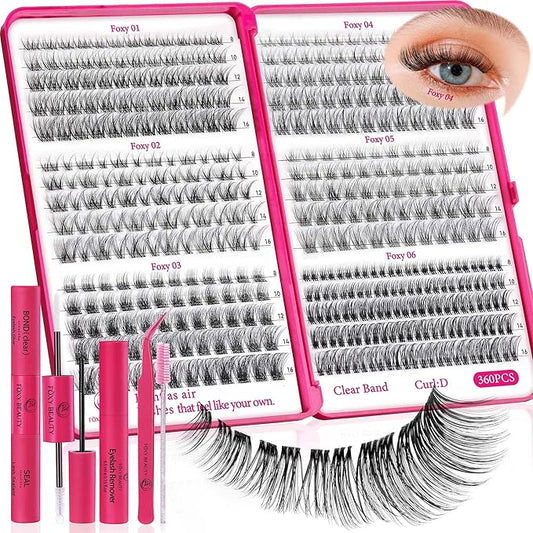 Nova Lash Clusters Kit 360 PCS Lash Clusters Natural Look Invisible Band Lashes Eyelash Clusters with Bond and Seal D Curl WideSpan Cluster Eyelash Extension Kit 8-16mm DIY at Home