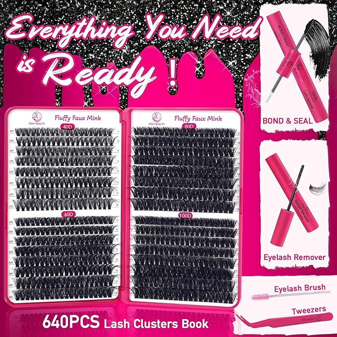Fluffy Lash Clusters 640pcs Lashes Clusters Kit 11-18mm 40D 60D 80D 100D Eyelash Extension Kit D Curl Thick False Eyelashes with Bond Seal Remover