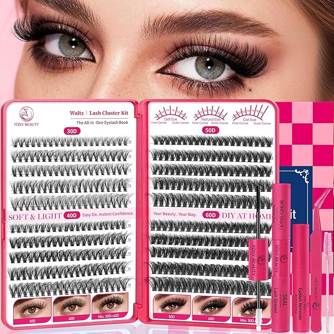 Waltz Lash Clusters Kit - Lash Clusters Lashes D Curl Eyelash Clusters Lash Extension Kit 30D40D50D60DFluffy eyelash clusters kit with Bond and Seal 0.07MM False Eyelashes DIY at Home