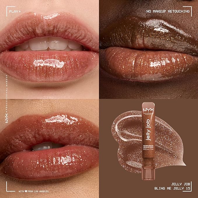 NYX PROFESSIONAL MAKEUP Jelly Job Lip Gloss, Lip Tint Gloss with Full-Bodied, Smoothing, and Hyper-Glossy Shine - Bring Me Jelly (Bronze Shimmer)