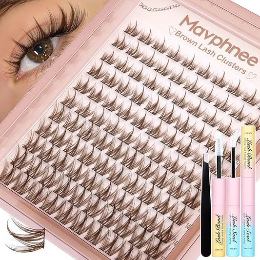 Mavphnee Brown Lash Clusters Kit Fairy Lash Extensions Kit Anime Eyelash Clusters Spiky Cluster Eyelash Extensions Natural Manga Individual Lashes Kit with Bond and Seal Lash Glue Clear