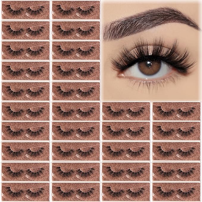 Wispy Lashes Bulk 30 Pairs Natural Strip Eyelashes Wholesale Volume Doll Eye Lash Sets Short Thick Fluffy False Mink Eyelash Strips Full Small Fake Pestañas Postizas with Portable Pack
