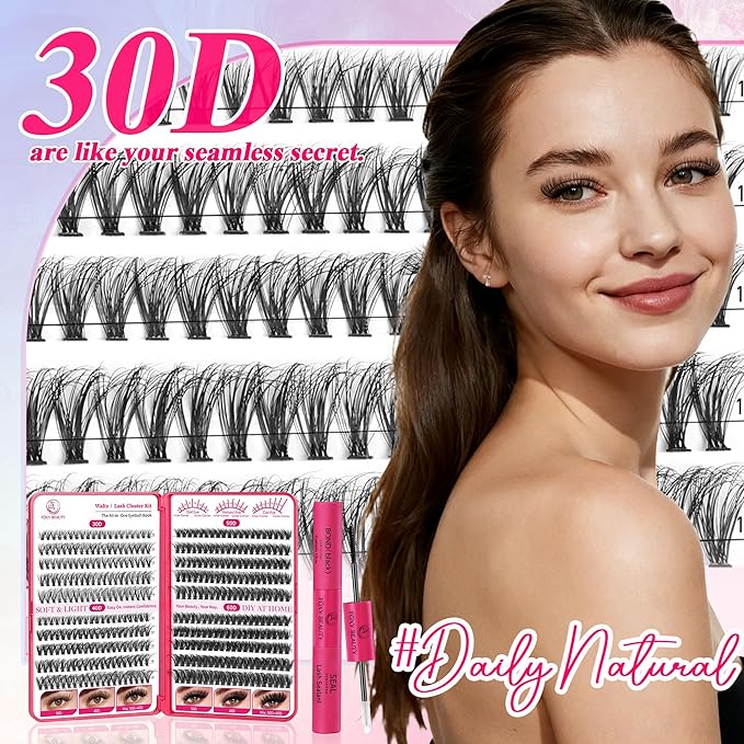 Waltz Lash Clusters Kit - Lash Clusters Lashes D Curl Eyelash Clusters Lash Extension Kit 30D40D50D60DFluffy eyelash clusters kit with Bond and Seal 0.07MM False Eyelashes DIY at Home