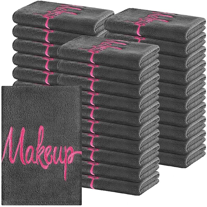 Preboun 96 Pack Makeup Remover Cloths, 13 x 13 Inch Makeup Towels Bulk Soft Microfiber Face Towels Reusable Makeup Washcloths with Makeup Embroidery for Women Skin (Gray)