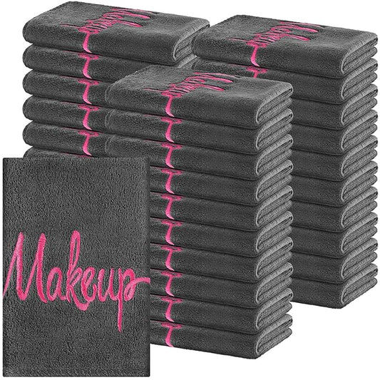 Preboun 96 Pack Makeup Remover Cloths, 13 x 13 Inch Makeup Towels Bulk Soft Microfiber Face Towels Reusable Makeup Washcloths with Makeup Embroidery for Women Skin (Gray)