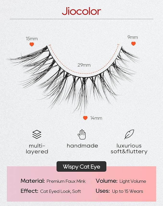 Jiocolor Fox Eye Lashes Natural Look Spiky False Eyelashes Cat Eye Eyelashes Wispy Soft Fake Mink Lashes Pack 7 Pairs (9MM-15MM)