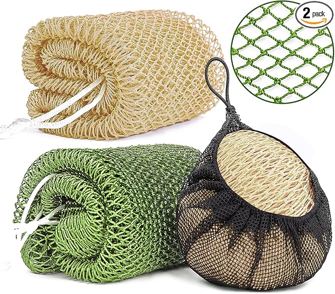 2 Pack African Net Sponge Exfoliating Scrubber Bath Sponge for Daily Use (Champange+Olive Green)