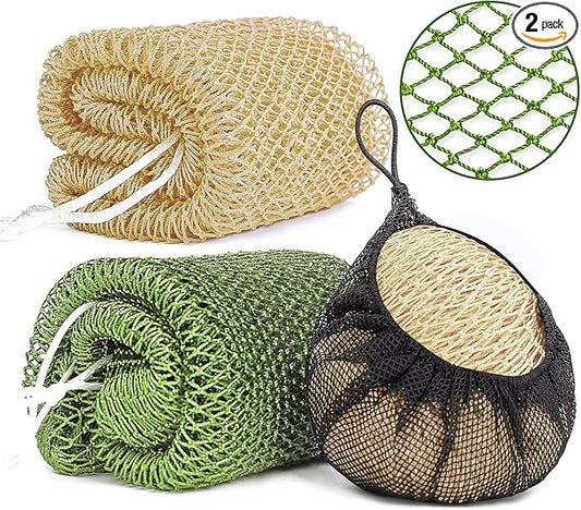2 Pack African Net Sponge Exfoliating Scrubber Bath Sponge for Daily Use (Champange+Olive Green)