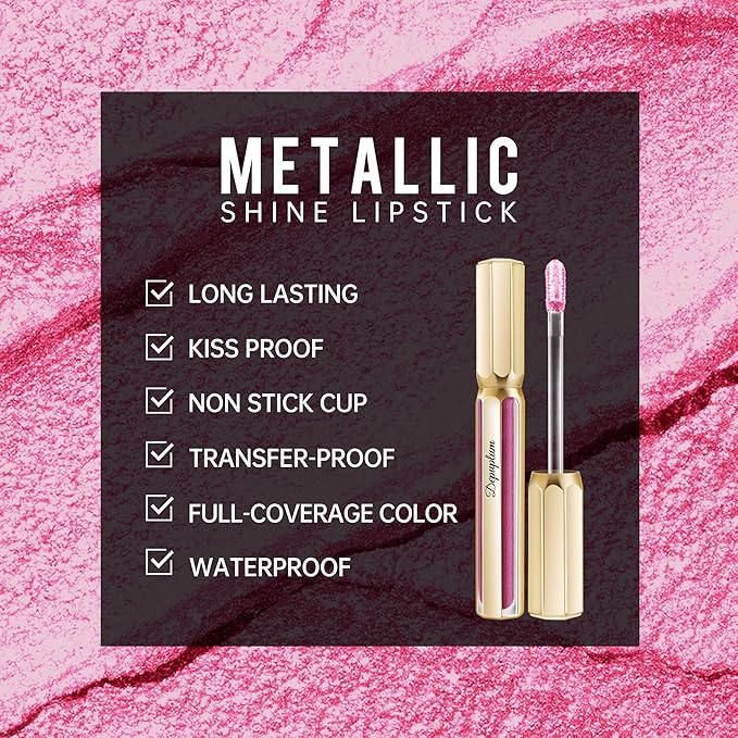 Depuplum Pink Lipsticks for Women Metallic Lipstick Long Lasting Non Stick Cup Lip Gloss, Shimmer Lightweight Hydrating Full Coverage Lip Color, DP108 Mermaid