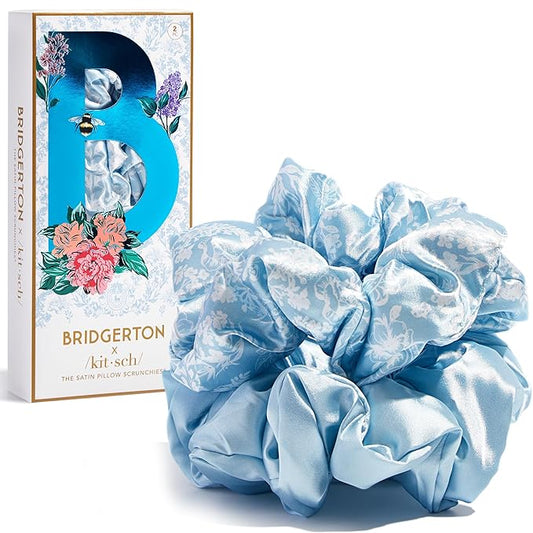 Bridgerton x Kitsch Satin Scrunchies for Women, No Snag, No Tugging, Soft & Comfortable Scrunchies for Girls, Perfect for Day or Night | Ideal Gifts for Women - Toile De Blue, 2pcs