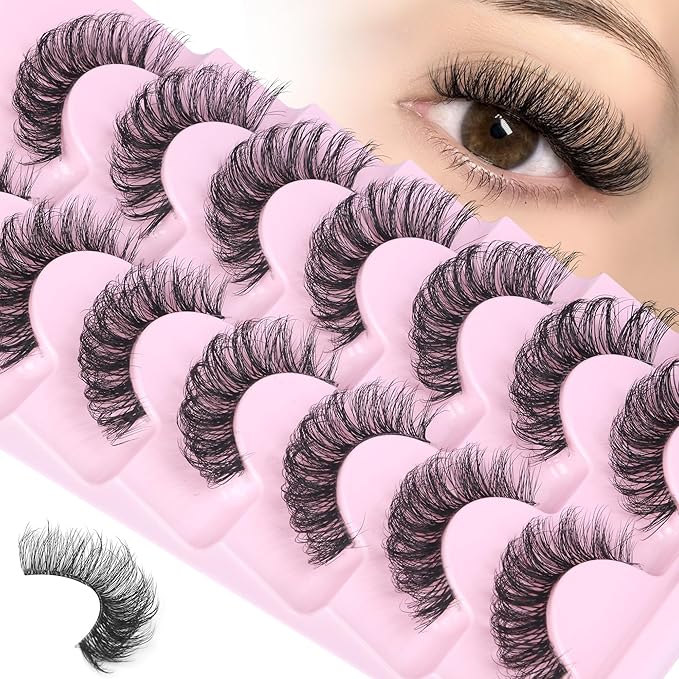 Strip Lashes Wispy False Eyelashes Clear Band Mink Lashes Natural Look Fake Eyelashes 3D 17MM Wispy Cat Eye Lashes Pack, 7 Pairs