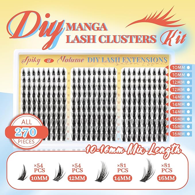 Fyonas Manga Lash Clusters Kit Spiky Anime Cluster Eyelash Extensions 270Pcs D Curl Volume Fluffy Eyelash Clusters 10-16mm DIY Fairy Wispy Individual Lashes Kit Natural Look (Crystal Spire Kit)