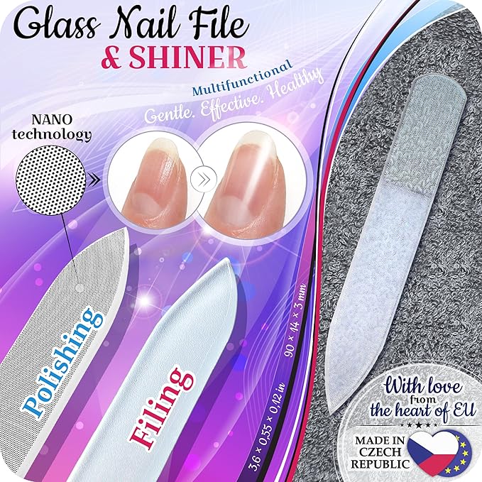 Genuine Czech Glass Nail File Set - Multi-Functional Shiner Buffer, Double Sided Different Grit Etched Surface, Manicure & Pedicure, Professional Nail Care Tool, EU Quality by GLADZY
