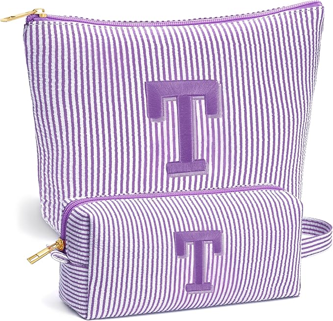Initial Makeup Bag for Women - Travel Pouch, Portable Personalized Cosmetic Bag Make up Kit Pouch | Travel Essentials Cute Makeup Bag Birthday Gifts for Women, Purple Letter T