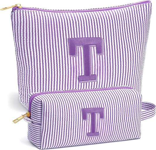 Initial Makeup Bag for Women - Travel Pouch, Portable Personalized Cosmetic Bag Make up Kit Pouch | Travel Essentials Cute Makeup Bag Birthday Gifts for Women, Purple Letter T
