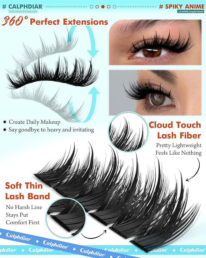 Lash Extension Kit 200D Manga Lash Clusters with Spikes 12-20MM Cluster Eyelash Extensions DIY Lash Extension Kit Thick Anime Eyelash Clusters Wispy Lash Clusters Kit with Lash Bond and Seal Tweezers