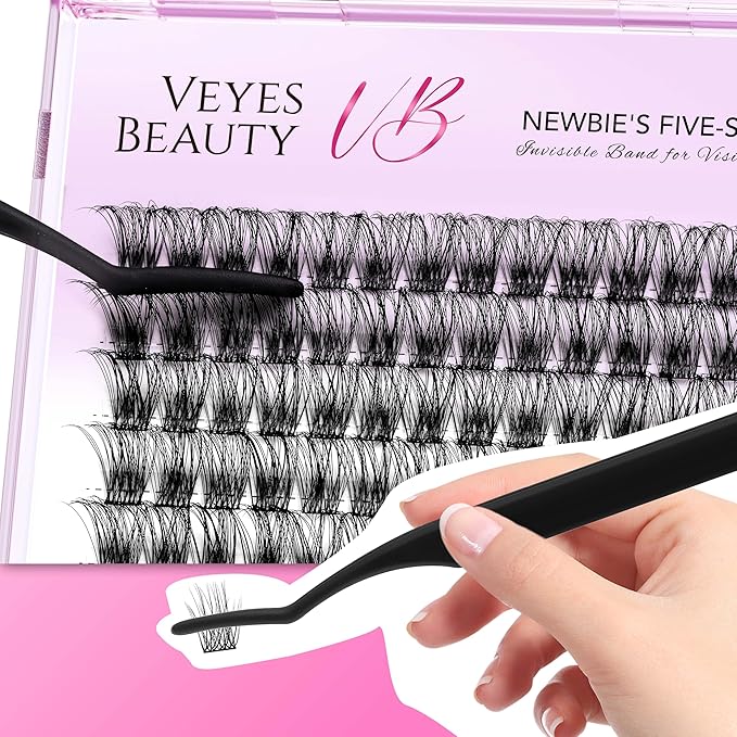 VEYESBEAUTY Lash Clusters Individual Eyelash Extensions Thin & Invisible Band DIY False Eyelashes for Self-application Newbie's Five-Second Series Wispy Lash Tray, Boldeye 14mm Single Length