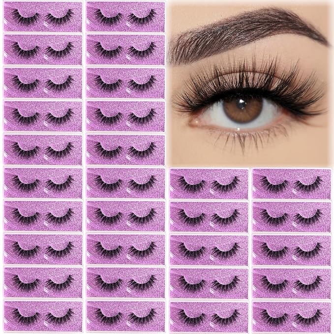 Wispy Lashes Bulk 30 Pairs Natural Strip Eyelashes Wholesale Volume Doll Eye Lash Sets Short Thick Fluffy False Mink Eyelash Strips Full Small Fake Pestañas Postizas with Portable Pack