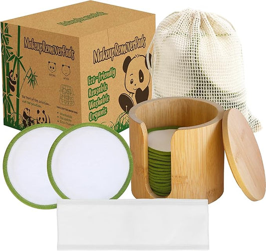 Sopurrrdy Reusable Cotton Rounds, 100% Natural Bamboo Cotton Pads for Face|Reusable Makeup Remover Pads with Laundry Bag,Headband and Cotton Round Holder (White and Green)